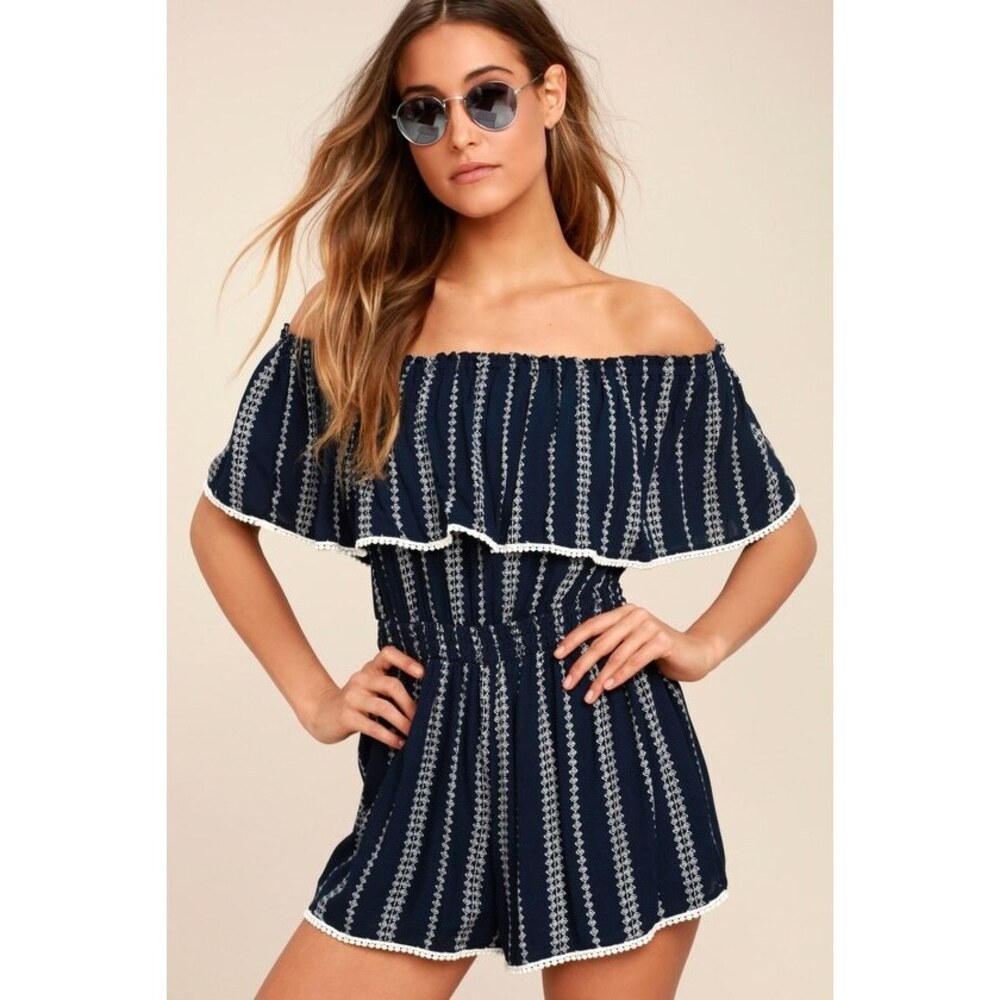 Lulus See Ya There Navy Blue Print Off-the-shoulder Romper - Size XS